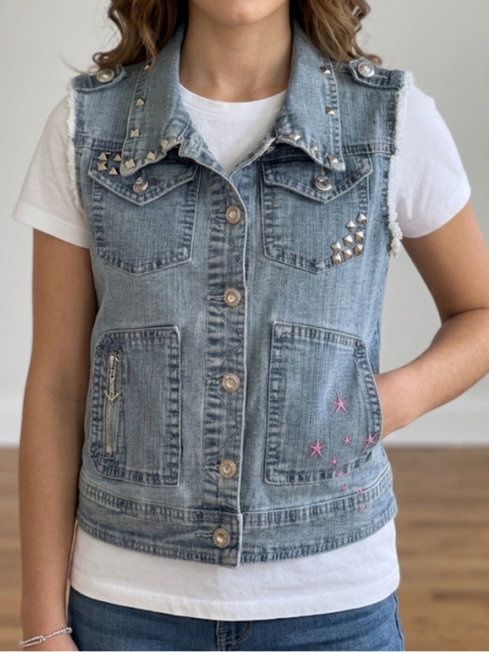 Y2K Star Aesthetic Studded Denim Vest Light Wash Distressed Girls Size 14